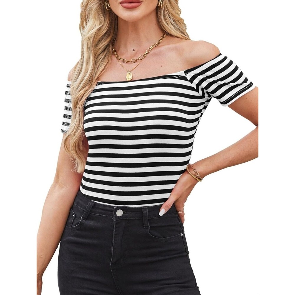 Navy Blue & White Striped Off The Shoulder Short Sleeve Stretch Tee T-shirt, M